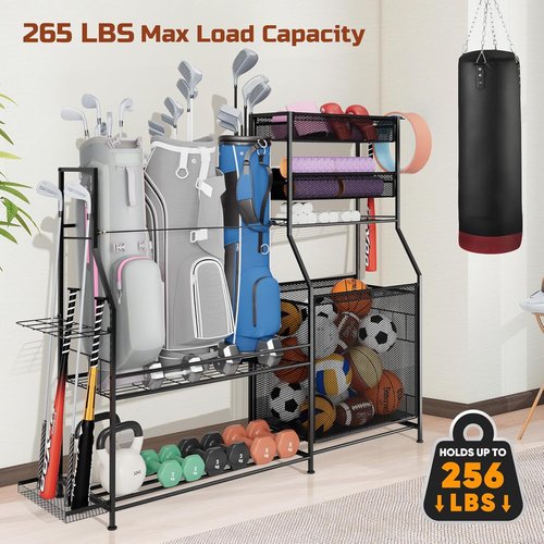 Garage Sports Equipment Organizer - Heavy-Duty Golf Bag Storage Stand with Basket & Hooks | Space-Saving Design for Indoor/Outdoor Use