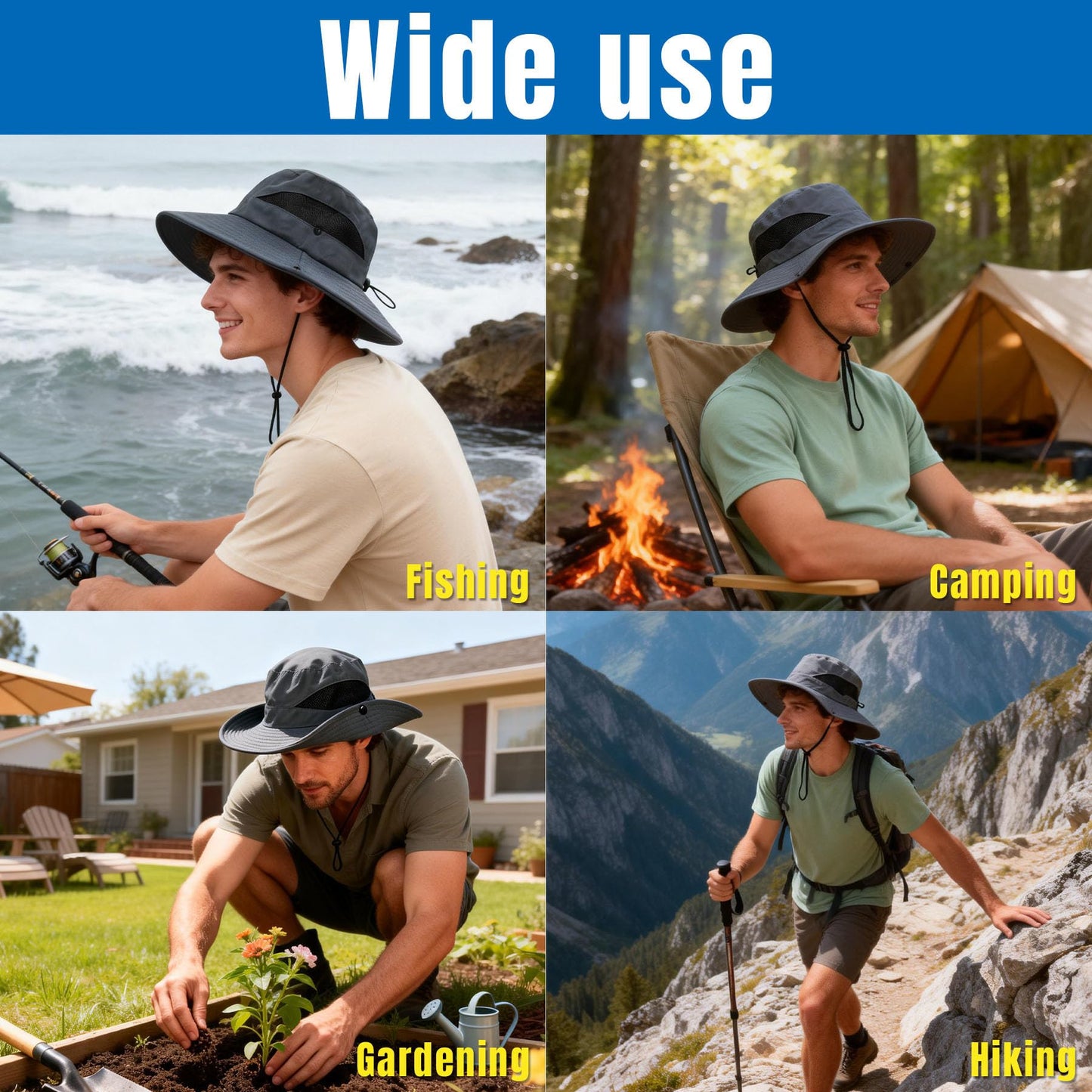 NPJY Sun Bucket Hats Wide Brim Fishing Hat UPF 50+ Beach Outdoor Hiking Hats Black