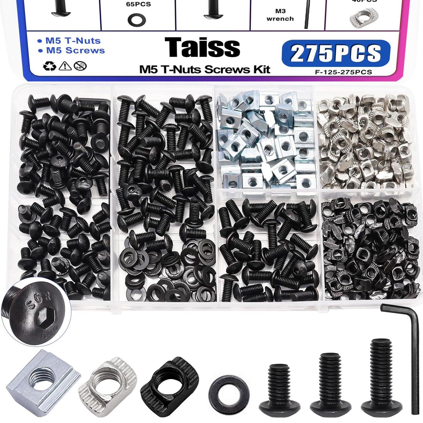Taiss 275PCS M5 T-Nuts Screws Assortment Kit for 2020 Series Aluminum Extrusion,T Sliding Nut,Button Head Socket Cap Head Bolts and Nut & Washers for Mlok Screws and Nuts Replacement with Wrench