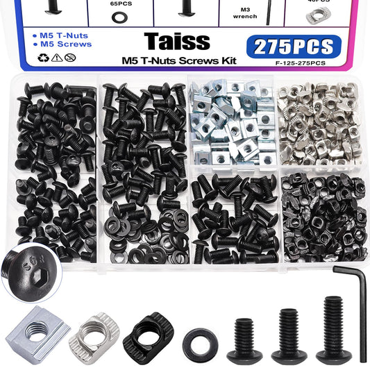 Taiss 275PCS M5 T-Nuts Screws Assortment Kit for 2020 Series Aluminum Extrusion,T Sliding Nut,Button Head Socket Cap Head Bolts and Nut & Washers for Mlok Screws and Nuts Replacement with Wrench