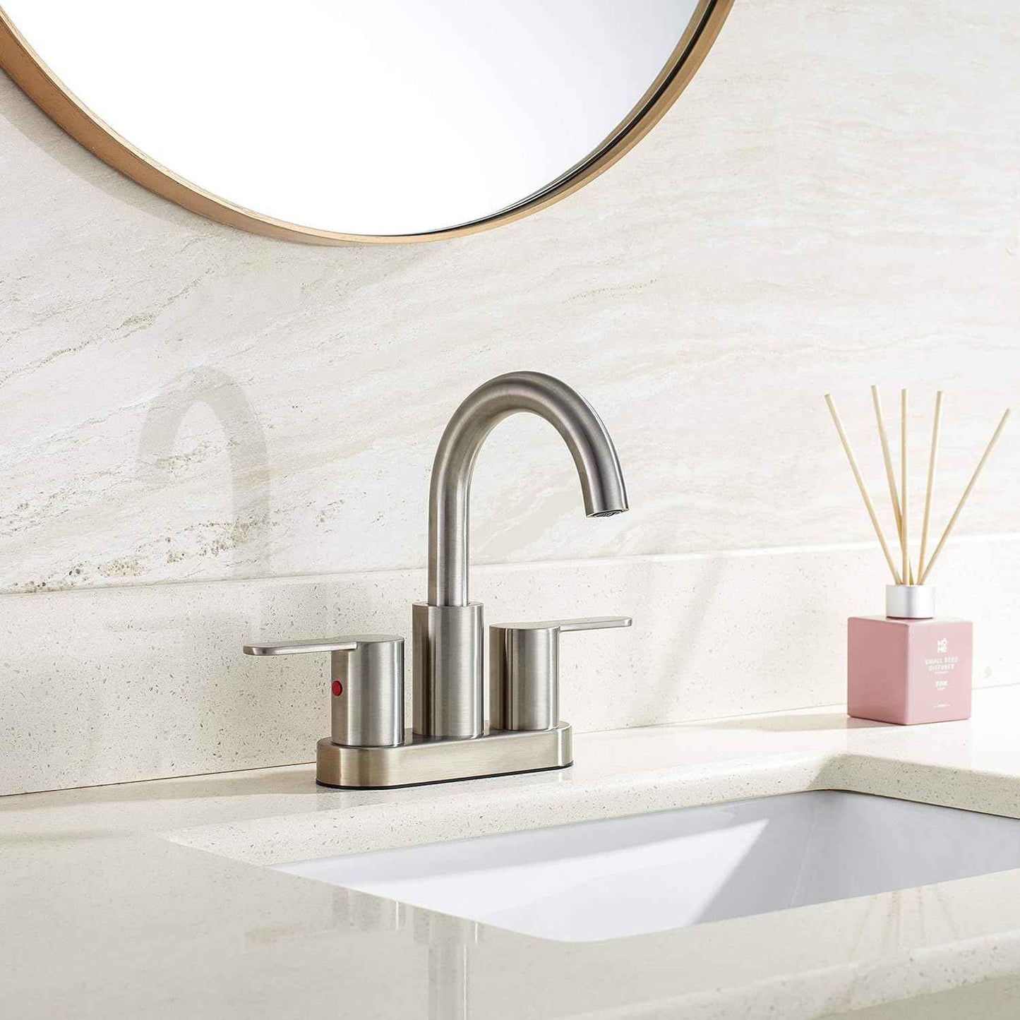 Brushed Gold Bathroom Sink Faucet - Modern 4-Inch Centerset with 360° Swivel Spout & Drain Assembly