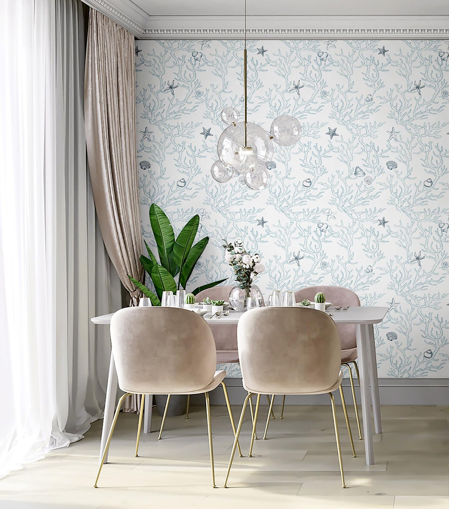 Akywall Ocean Wallpaper Peel and Stick White and Blue Contact Paper Textured Sea Coral Starfish Shells Self Adhesive Vinyl Roll Stick on Wallcovering Cute for Home Decor 118in