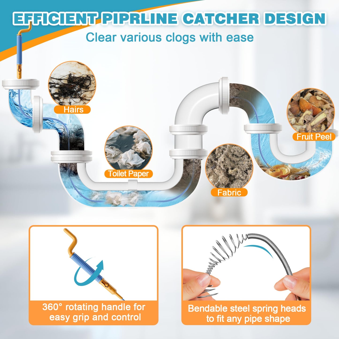 50 Inch Drain Snake Hair Drain Clog Remover, Replaceable & Reusable Sink Snake with 5 Spring Heads & Rotating Handle, Anti-break Steel Sink Drain Cleaner for Bathroom, Shower, Bathtub