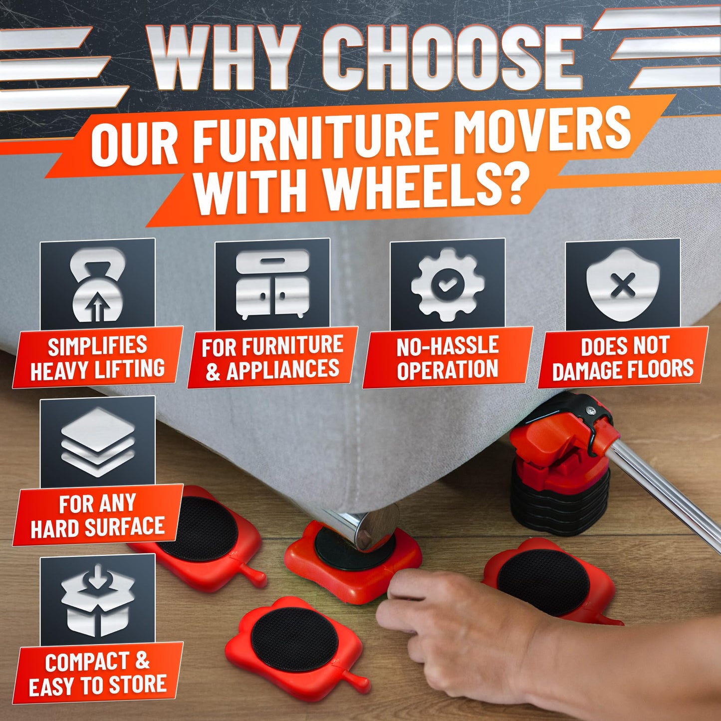 Furniture Lifter Tool with 4 Appliance Rollers 660 Lbs - Furniture Lifters for Heavy Furniture Movers with Wheels Furniture Lift Mover Tool Set - Heavy Furniture Sliders Moving Furniture Gliders Red