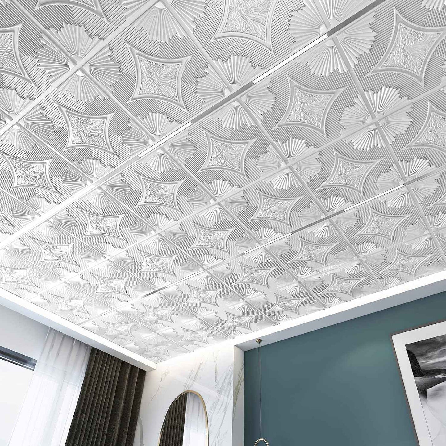 Art3d 24x24 White Drop Ceiling Tiles (12-Pack, 48 Sq.ft) - 3D Wainscoting Panels for Easy Glue-Up