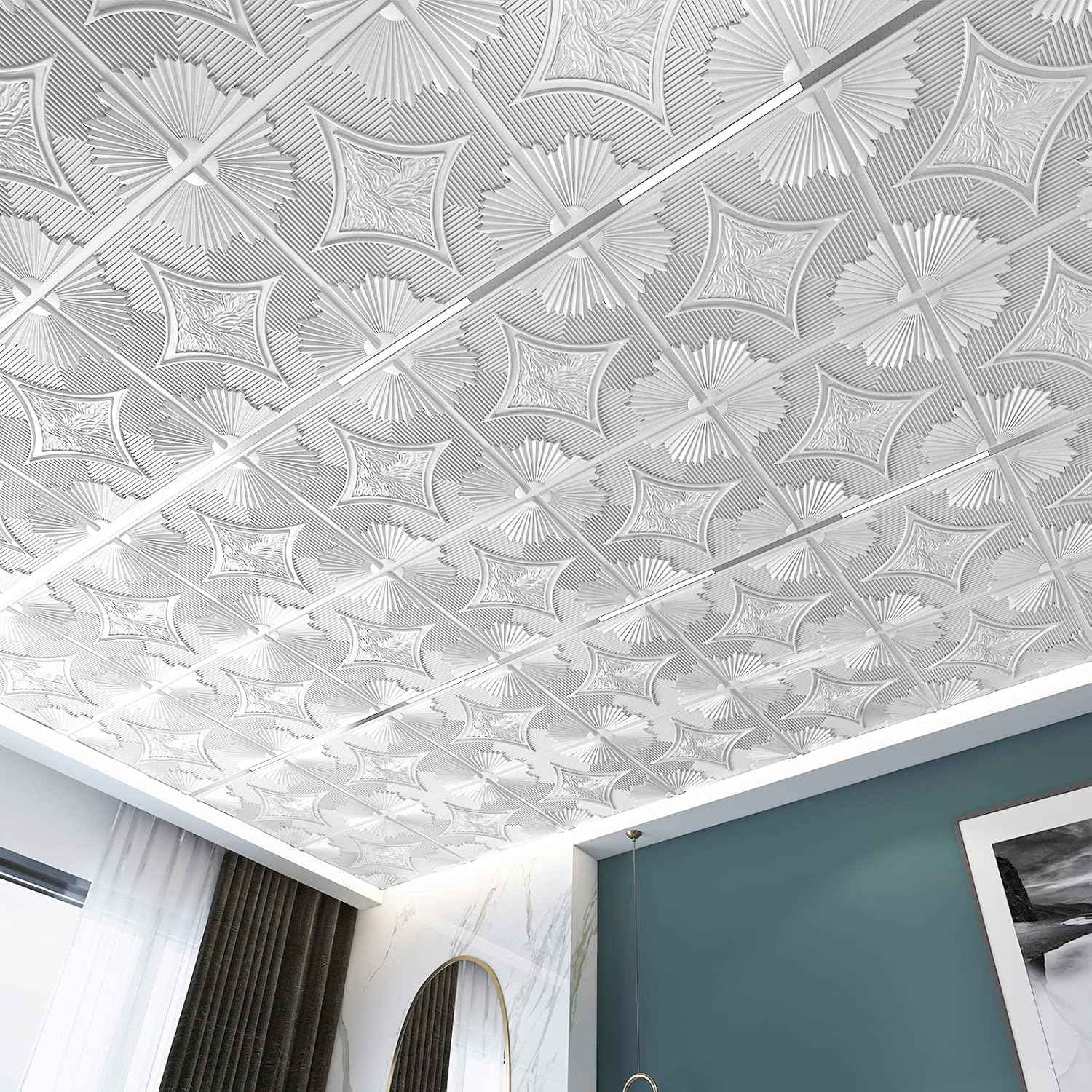 Art3d 24x24 White Drop Ceiling Tiles (12-Pack, 48 Sq.ft) - 3D Wainscoting Panels for Easy Glue-Up