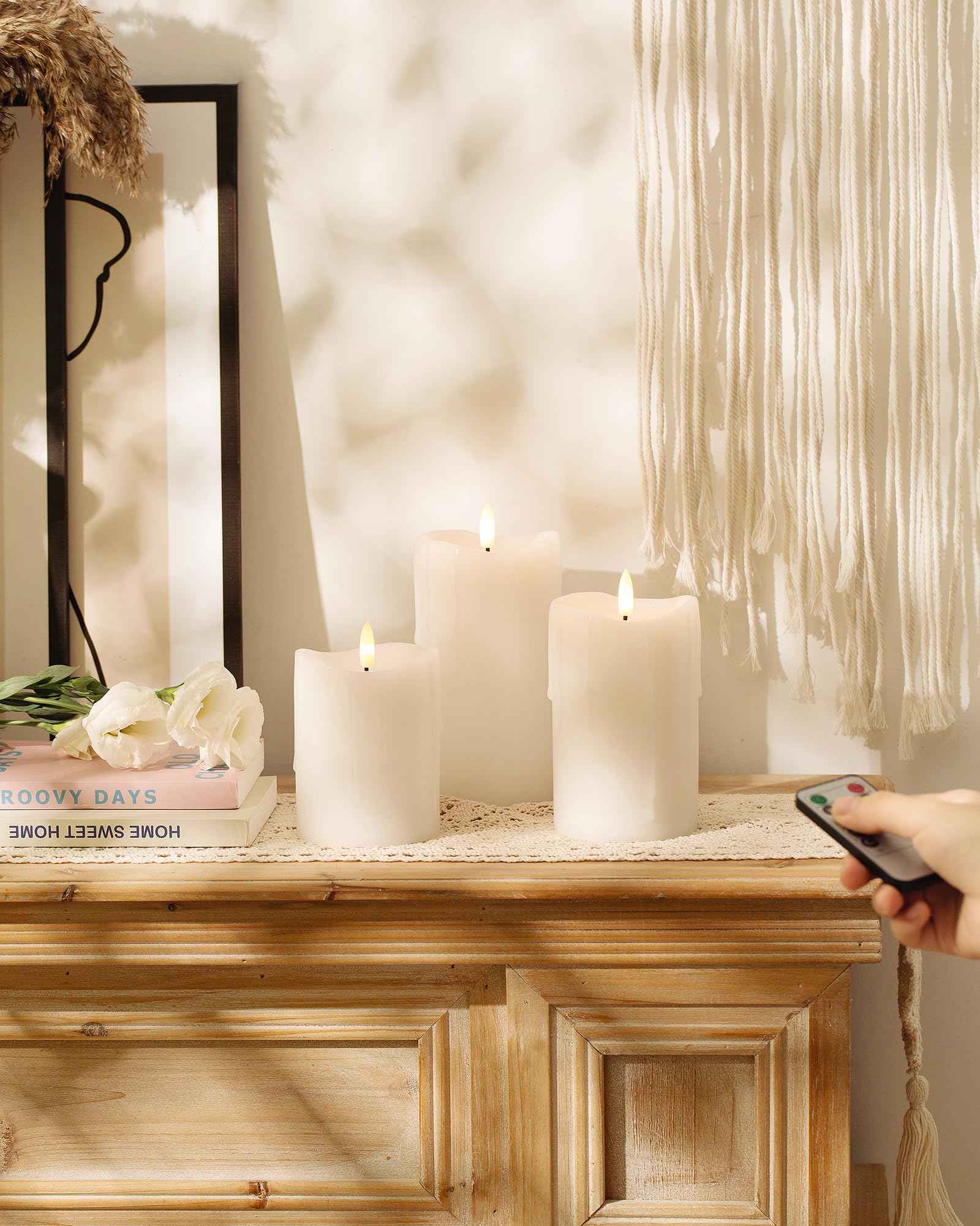Velsyn White Flameless Candles with Remote and Timer, Real Wax Made Wax Drip LED Pillar Candles Battery Operated with 3D Flickering Flame Melted Top - 3" x 4", 3" x 5", 3" x 6" - Set of 3