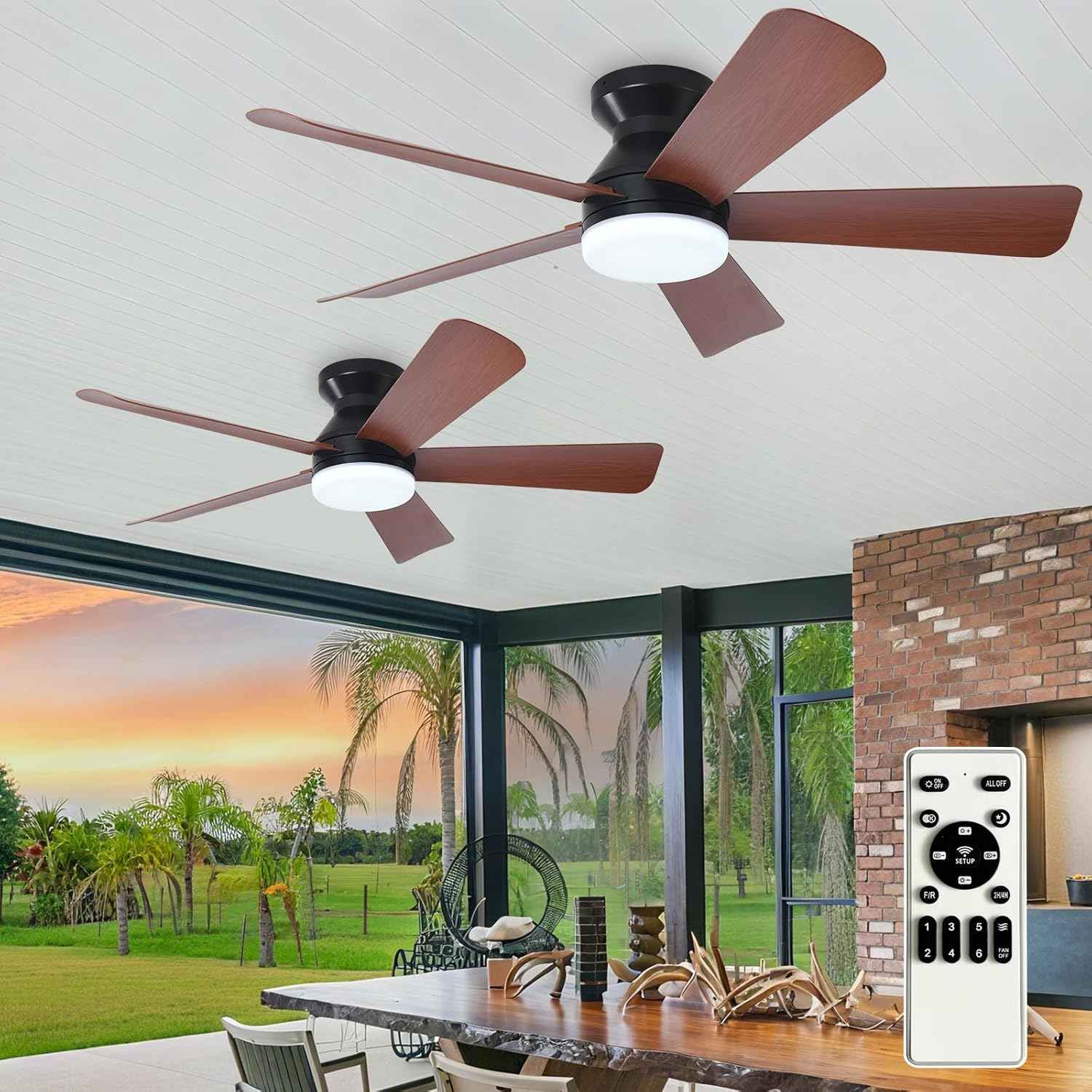 42-Inch Modern Black Ceiling Fan with Light & Remote - Dimmable Low Profile, 5 Reversible Walnut Blades, 6 Speeds for Indoor/Outdoor Use