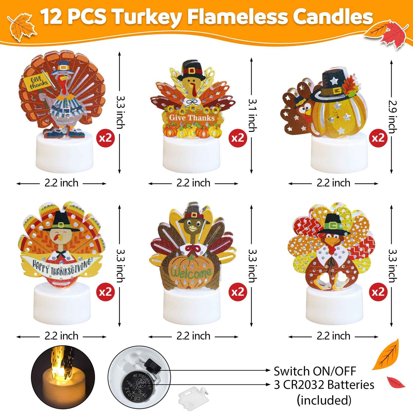 Sakayo 12 PCS Turkey Tea Lights Candles Battery Operated Thanksgiving LED Flameless Tealight Candles, Cute Thanksgiving Table Decorations Centerpieces for Home Kitchen Indoor Party Fall Decor