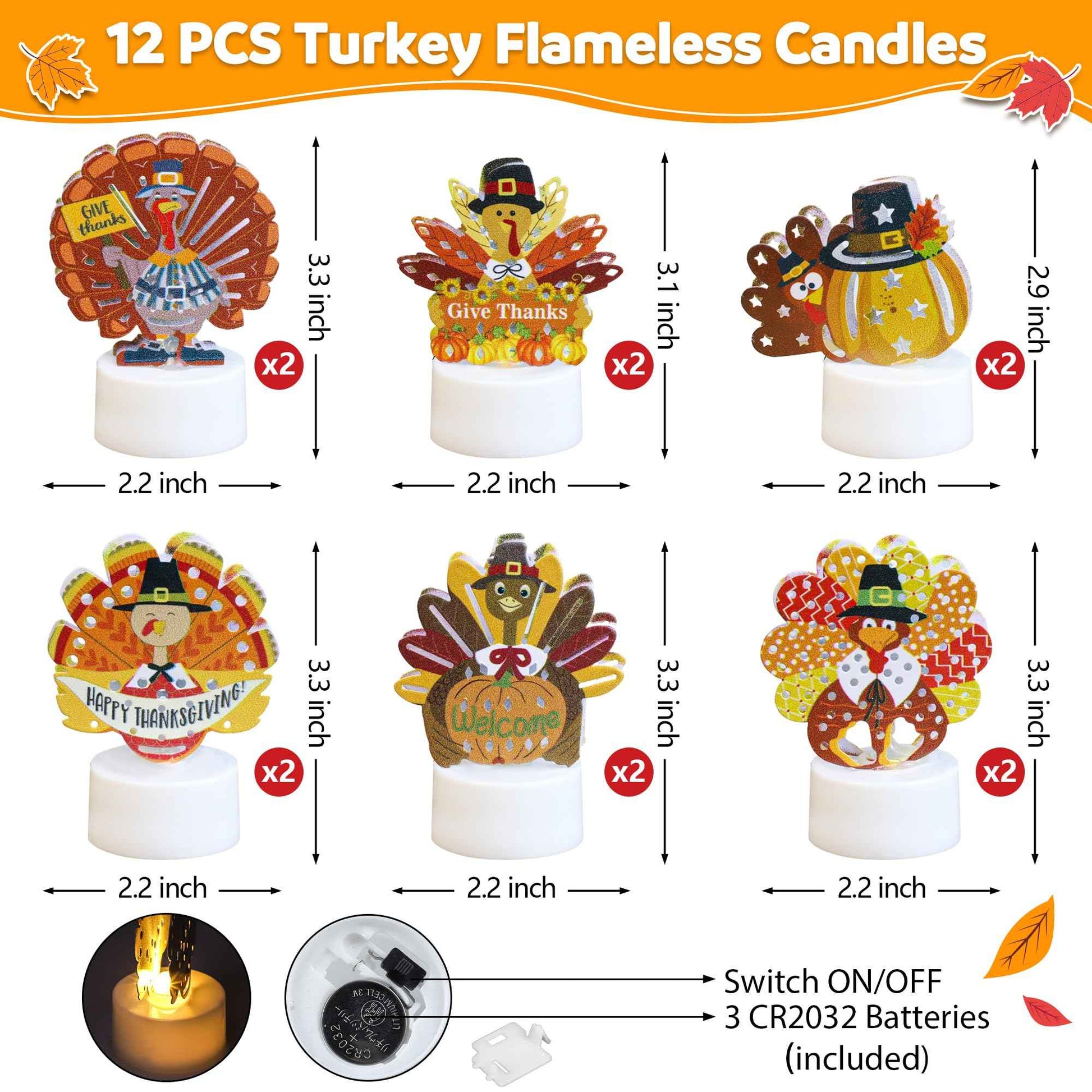 Sakayo 12 PCS Turkey Tea Lights Candles Battery Operated Thanksgiving LED Flameless Tealight Candles, Cute Thanksgiving Table Decorations Centerpieces for Home Kitchen Indoor Party Fall Decor