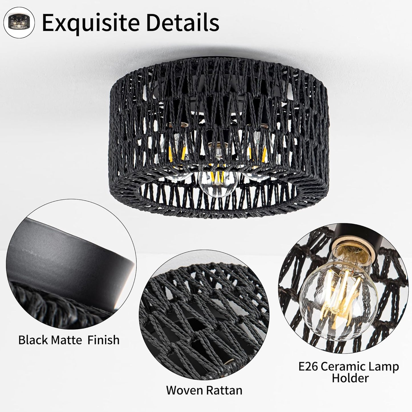 Bohemian Rattan Ceiling Light Fixture - 3-Light Woven Flush Mount for Bedroom & Living Room