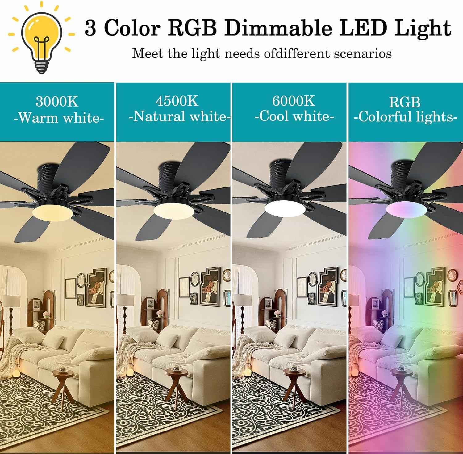 52-Inch Black Ceiling Fan with Lights & Remote Control - Modern Low Profile LED/RGB Dimmable Flush Mount for Bedroom