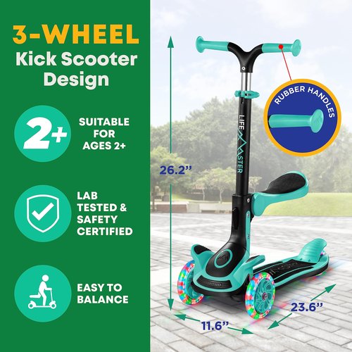 3 Wheel Scooter for Kids with Foldable Seat, Adjustable Handlebar Height, Lean-to-Steer Ride On Toy for Kids Ages 2+, Light-Up LED Wheels, Wide Anti Slip Deck, Indoor & Outdoor Use, Teal