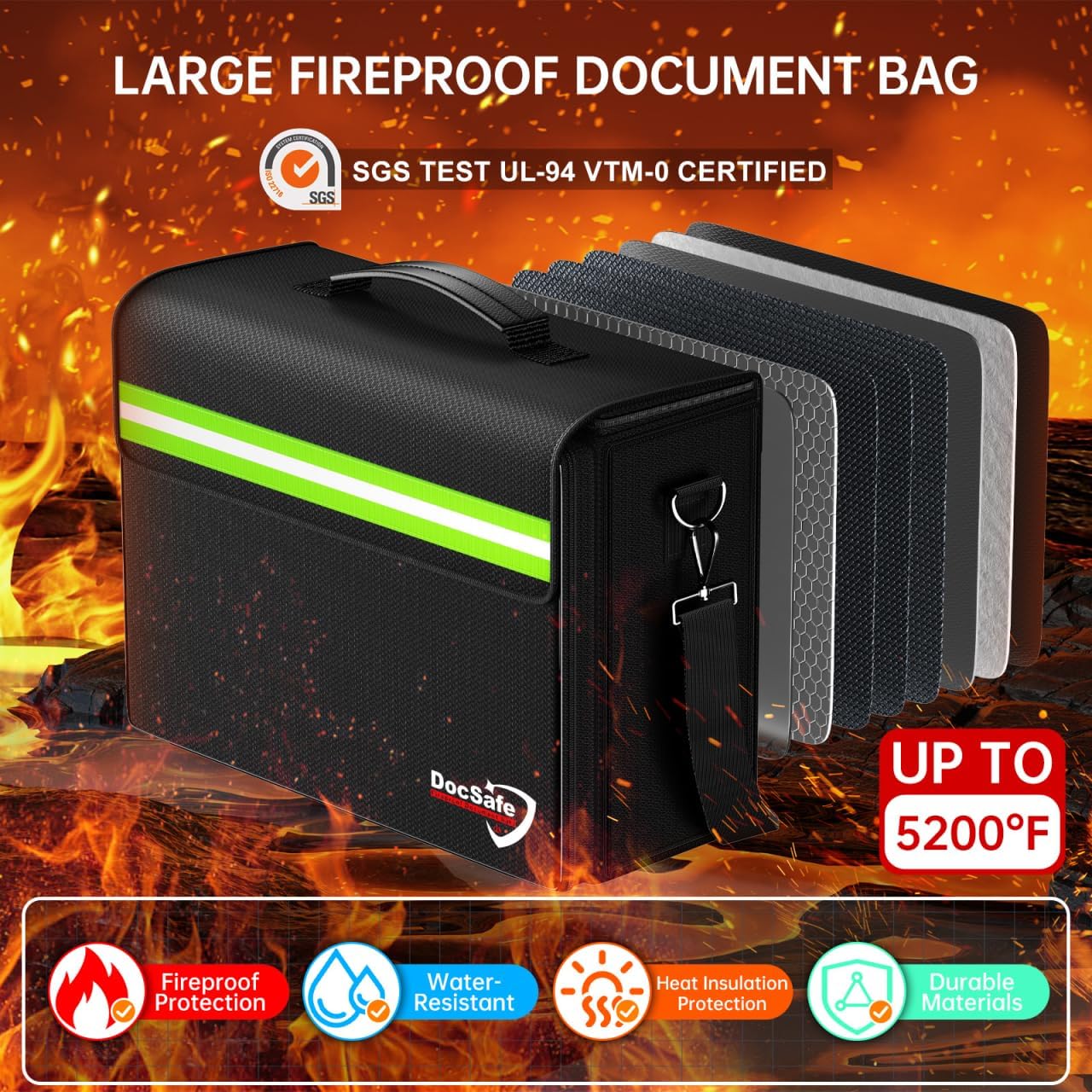 Fireproof Document Bag - Large 17”x12.5”x7.2” Waterproof Organizer with Multiple Pockets for Home & Office