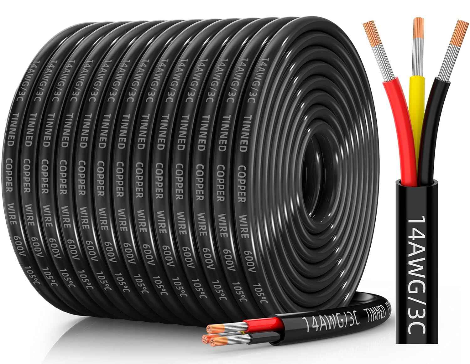 16 AWG Tinned Copper 3-Conductor Electrical Wire - Waterproof PVC Cable for Automotive, Marine & Solar (100FT)