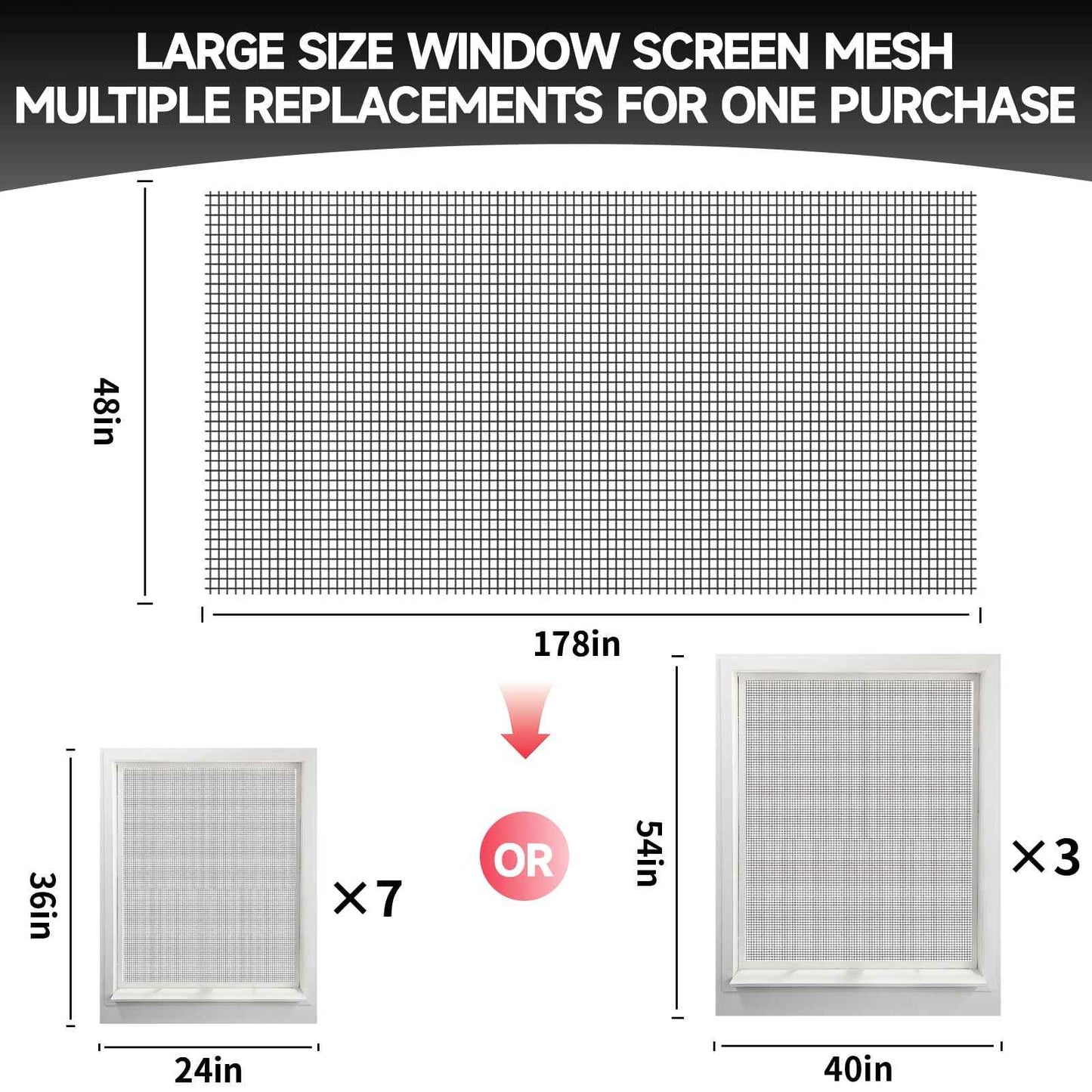 Window Screen Door Repair/Replacement Kit,48" x178" Adjustable Durable Fiberglass Window Screen Mesh,with Spline/Roller/Hook/Clips Screen Door Repair Kit,DIY Window,Porch Sliding Door(Black)