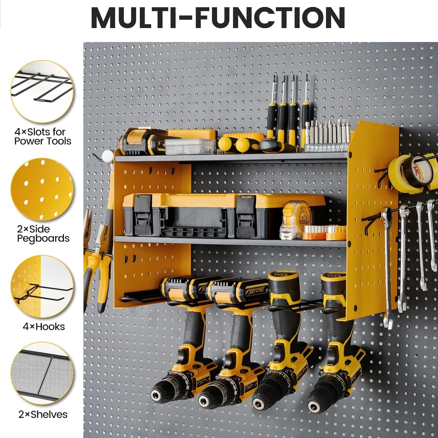 Power Tool Organizer Wall Mount - 3-Layer Charging Station with 8 Outlets & 6 Drill Holders - Efficient Garage Storage Solution (Black)