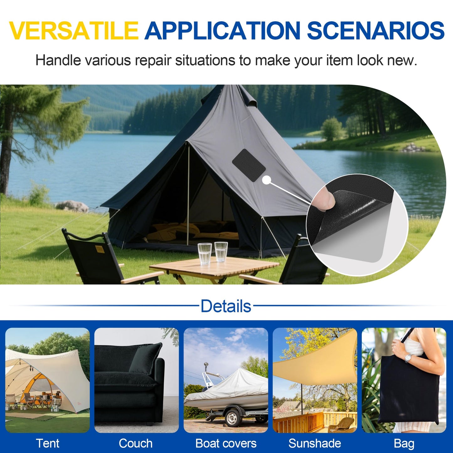 Fabric Repair Tape, Self Adhesive Canvas Repair Patch, Waterproof Outdoor Canvas Tape/Patch Kit for Sun Shades Clothing Tent Awnings Boat Cover Couches Black 4x71 inch