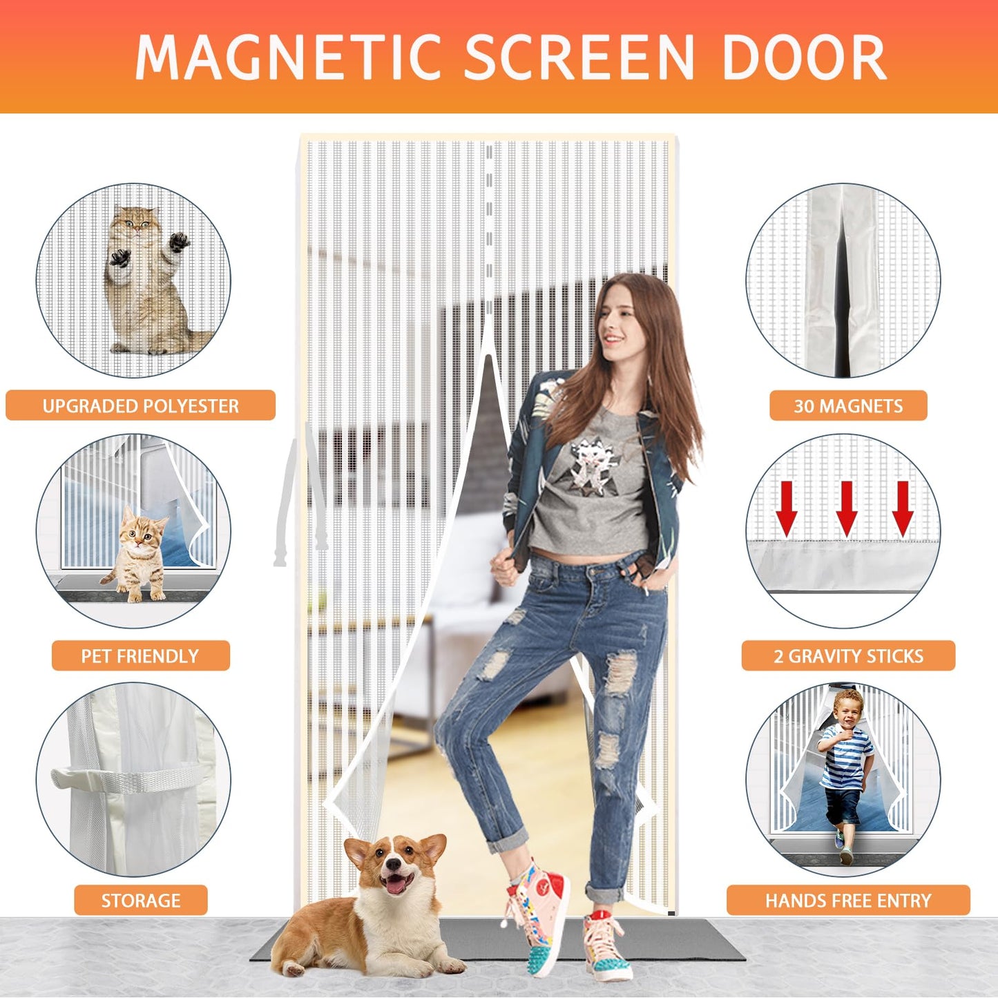 YRH Magnetic Fly Screen Door with Stay Open Buckles - Heavy Duty Self-Sealing Mesh,Powerful Magnets,Full Frame Magic Tape (Fit for Door Size:32x78 Inch,Screen Itself Size:34x80 Inch, White)