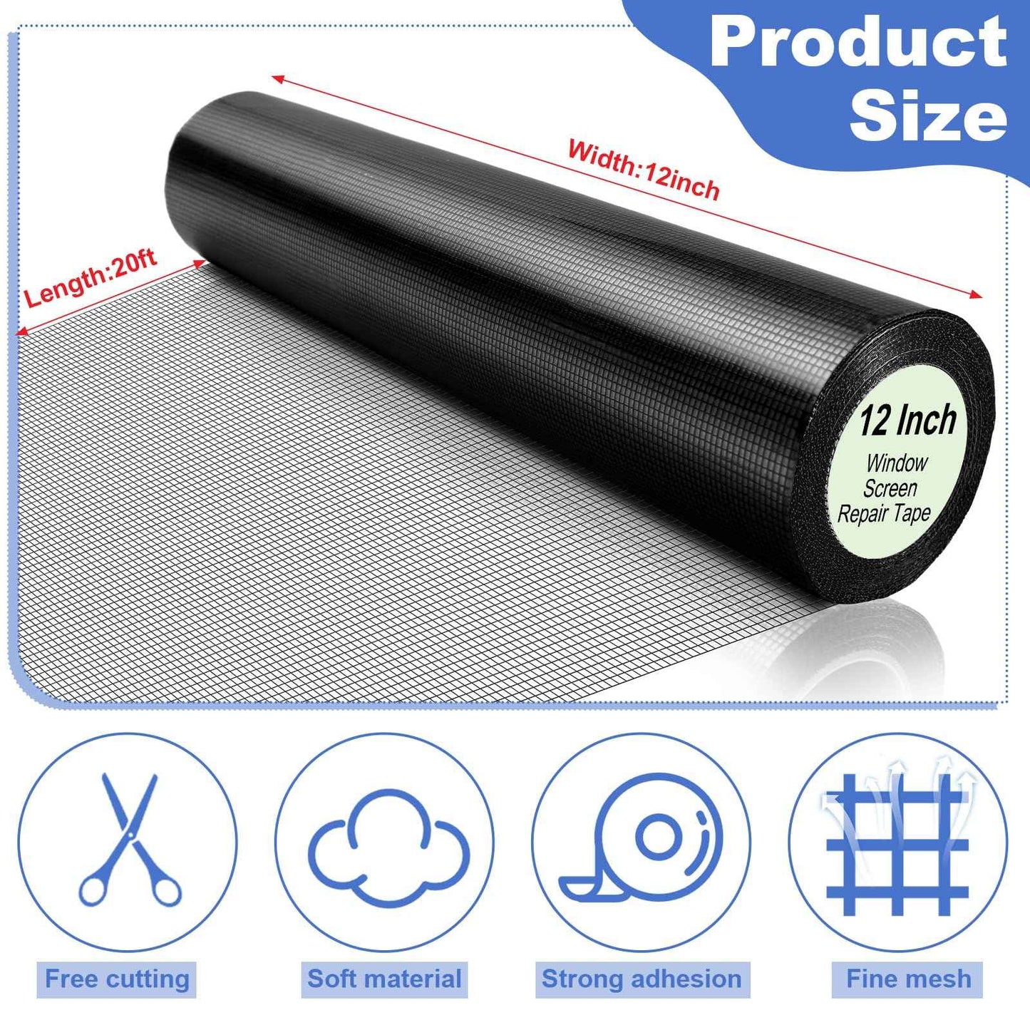 CroBlissful Extra Wide 12 inch x 20 ft Window Screen Tape Mesh Repair Strong Adhesive Waterproof Fiberglass Screen Repair Kit Patch for Window Door Tears Holes(Black)