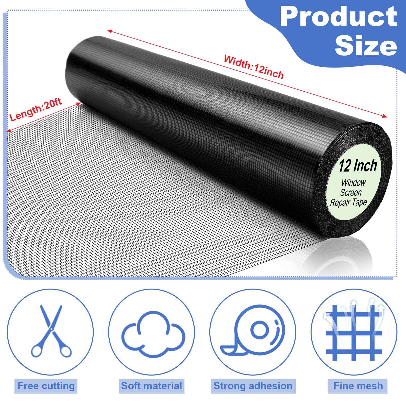 CroBlissful Extra Wide 12 inch x 20 ft Window Screen Tape Mesh Repair Strong Adhesive Waterproof Fiberglass Screen Repair Kit Patch for Window Door Tears Holes(Black)