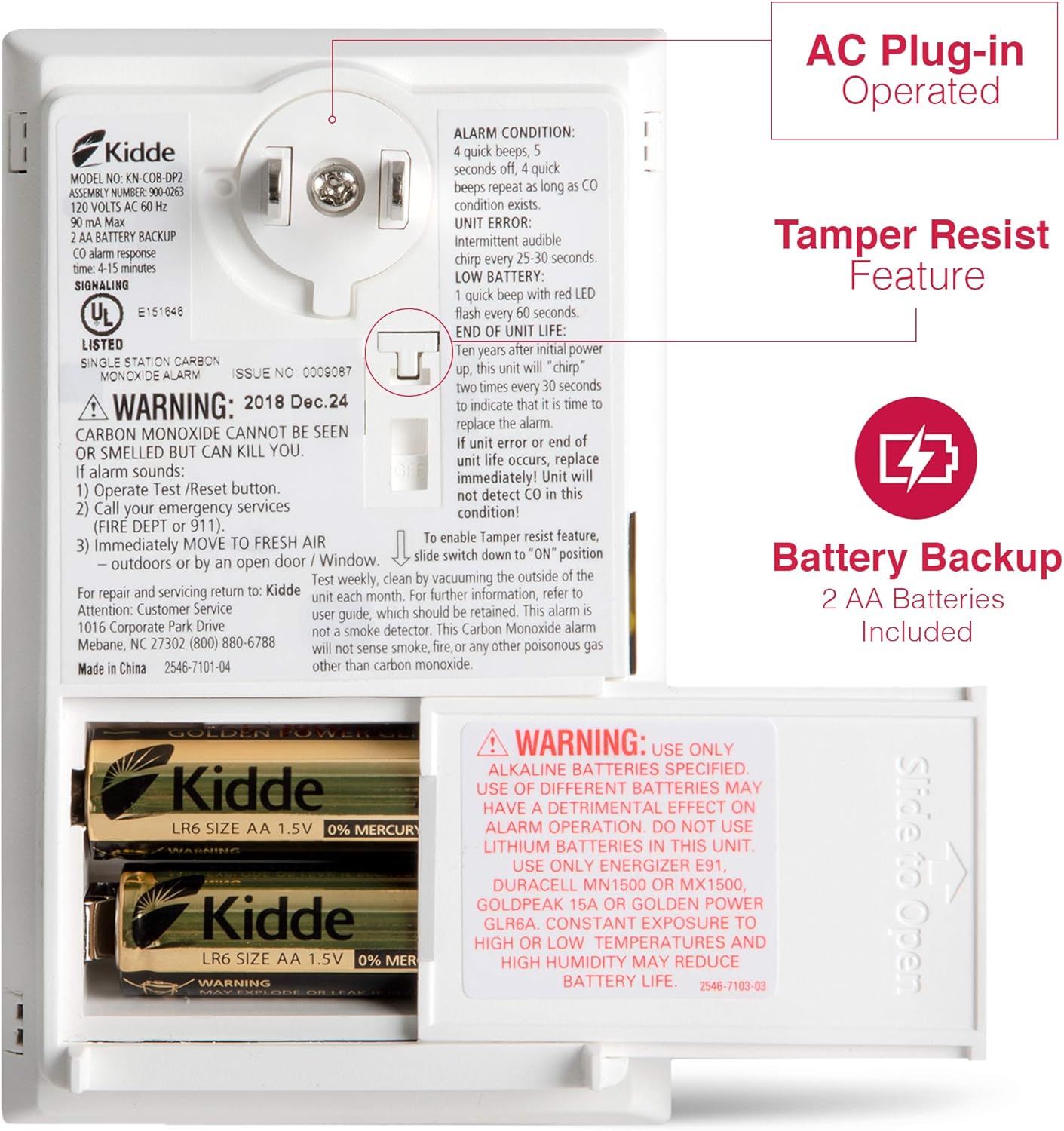 Kidde Plug-In Carbon Monoxide Detector with Battery Backup & Test-Hush Button