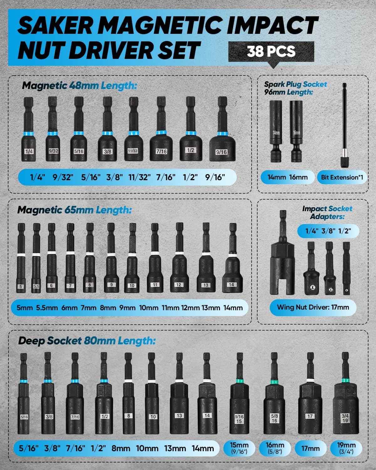 38-Piece Magnetic Nut Driver Set - Impact Socket Adapters & Extensions, Wing Nut & Spark Plug Drivers, Universal Hex Adapter - Stainless Steel