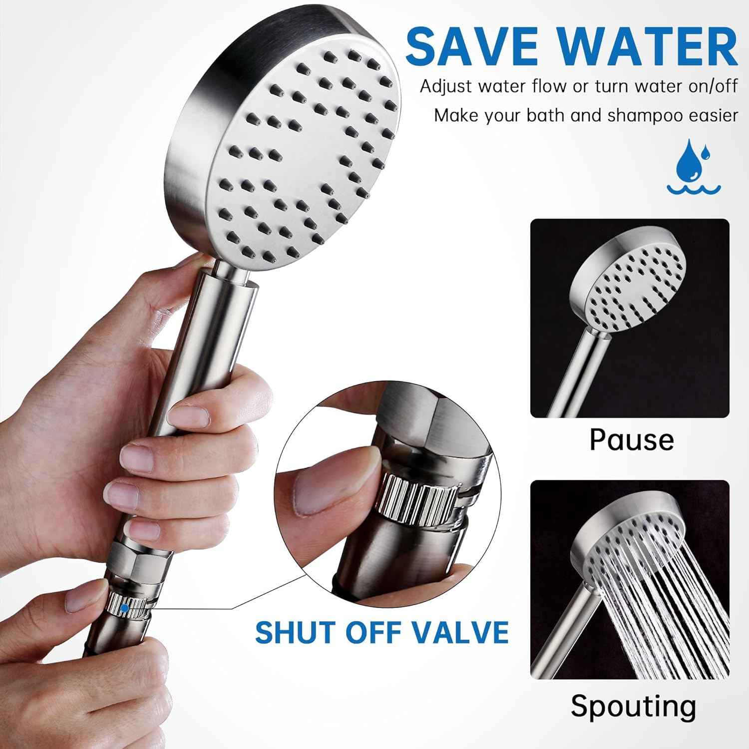 Brushed Nickel Handheld Shower Head with Extra Long Hose & Water-Saving Valve - Modern Design, 1 Setting, 10-Year Warranty