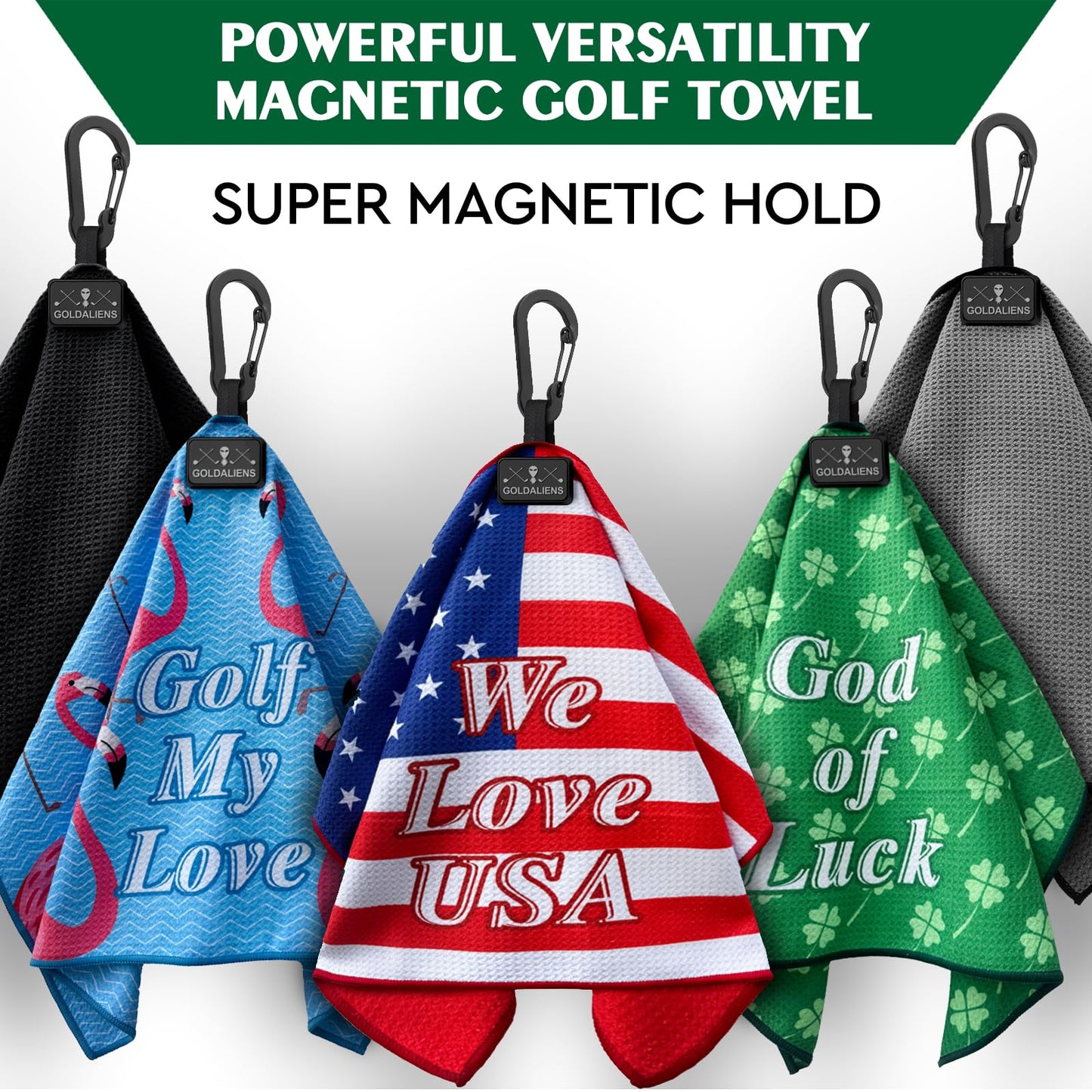 GOLDALIENS Magnetic Golf Towel for Men and Women with Clip,Printed Microfiber Waffle Design,Super Magnets Attached to Metal Landing Pads for Golf Carts, Clubs and Golf Bags, for Golfers