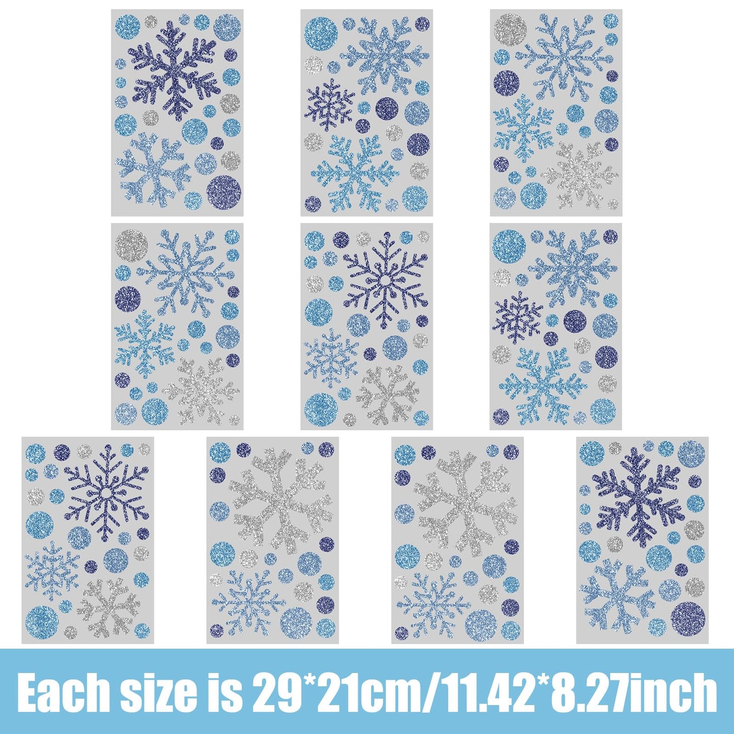 Zhanmai 200 Pcs/ 10 Sheets Christmas Snowflakes Wall Decals Window Clings Blue Silver Snowflake Stickers Peel and Stick Wall Ornament for Winter Removable Christmas Holiday Crafts Supplies