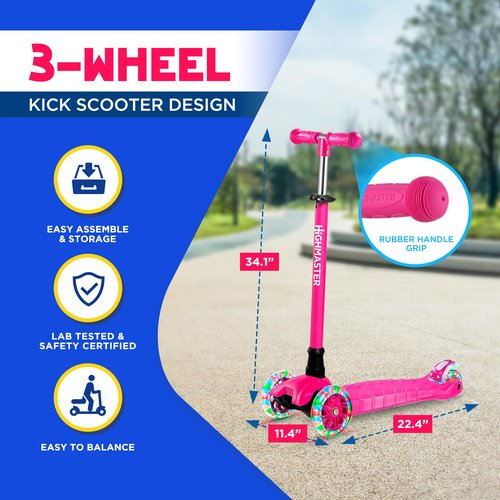 Highmaster 3-Wheel Toddler Scooter for Boys – Light-Up Wheels, Safe Ride for Ages 2+ – Holds Up to 165 lbs (Pink)