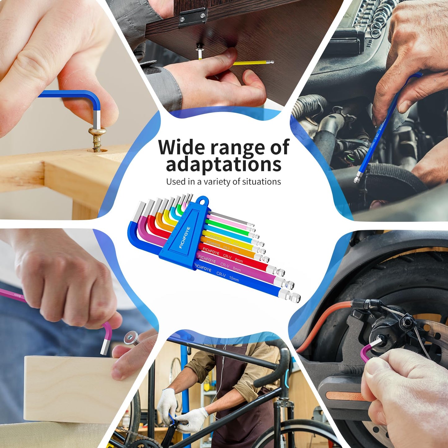 FICHFOYE 9PCS Metric Allen Key Set, Color Coded Hex Key, 1.5-10MM Anti-Slip Long Ball End Hex Wrench Set Ideal for Dismantling Machinery, Equipment, Vehicle, and Bicycle Maintenance