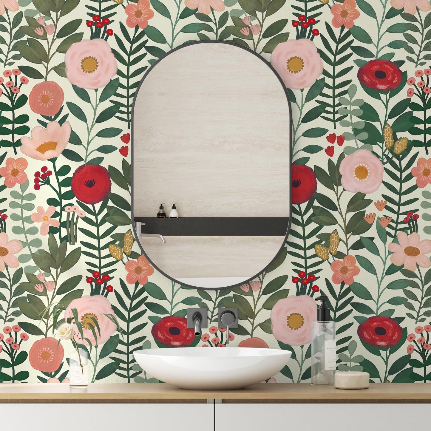 HAOKHOME Floral Peel and Stick Wallpaper Boho Wall Paper Removable for Bedroom Beige/Pink/Red Contact Paper 17.3in x 9.8ft