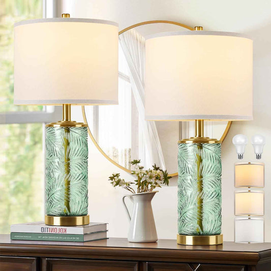 Modern Gold Glass Table Lamp Set of 2 with Palm Leaves Design - Stylish Bedside & Nightstand Lighting for Living Room & Bedroom (Bulbs Included)