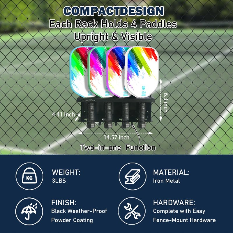 Pic-Ten 2PCS Pickleball Paddle Rack Holds 4 or 8 Paddles with Hooks Pickleball Storage Rack for Fence and Wall Pickleball Paddle Holder Outdoor No Installation Black
