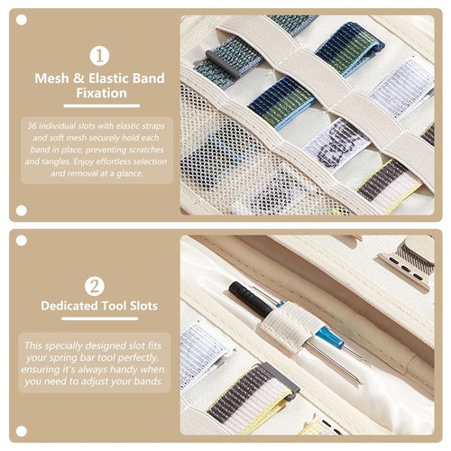 Linpr 36-Slot Watch Band Organizer Bag, Waterproof Oxford Watch Band Holder for Women and Men, Travel Carrying Case for iWatch Smartwatches Straps, Spring Bars, Cable, Accessories (Beige)