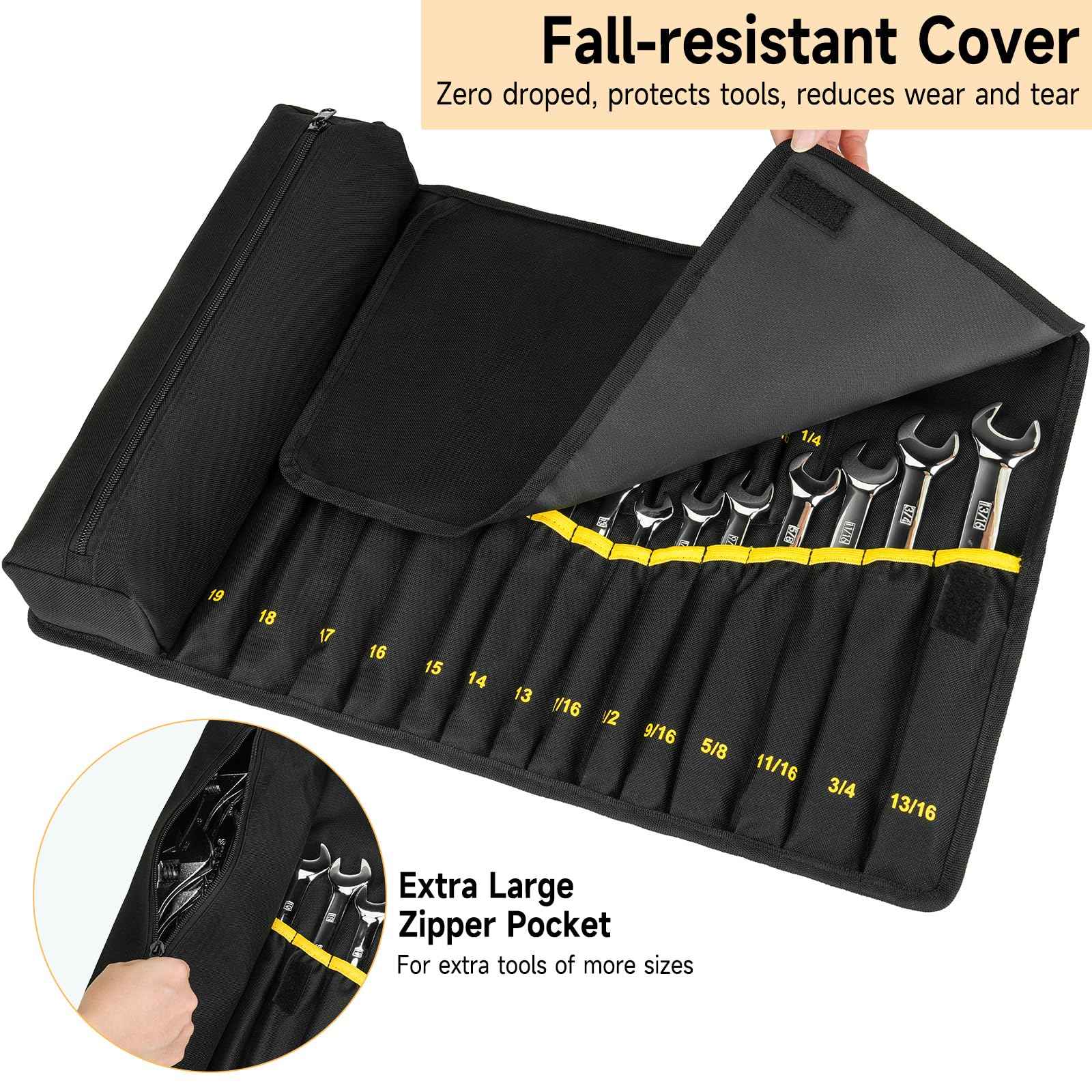 Wrench Roll Organizer (NOT for Ratcheting Wrench),Wrench Roll Up Pouch with 23+1 Pockets,Heavy Duty Tool Roll for Metric & SAE Wrenches,Large Wrench Holder Organizer Bag for Men,Mechanics(Black)