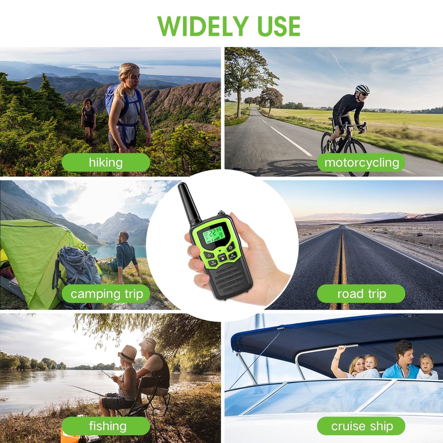 Walkie Talkies,MOICO Long Range Walkie Talkies for Adults Two-Way Radios with 22 Channels FRS VOX Scan LCD Display with LED Flashlight for Field, Survival Biking Hiking Camping 2 Pack (Green)