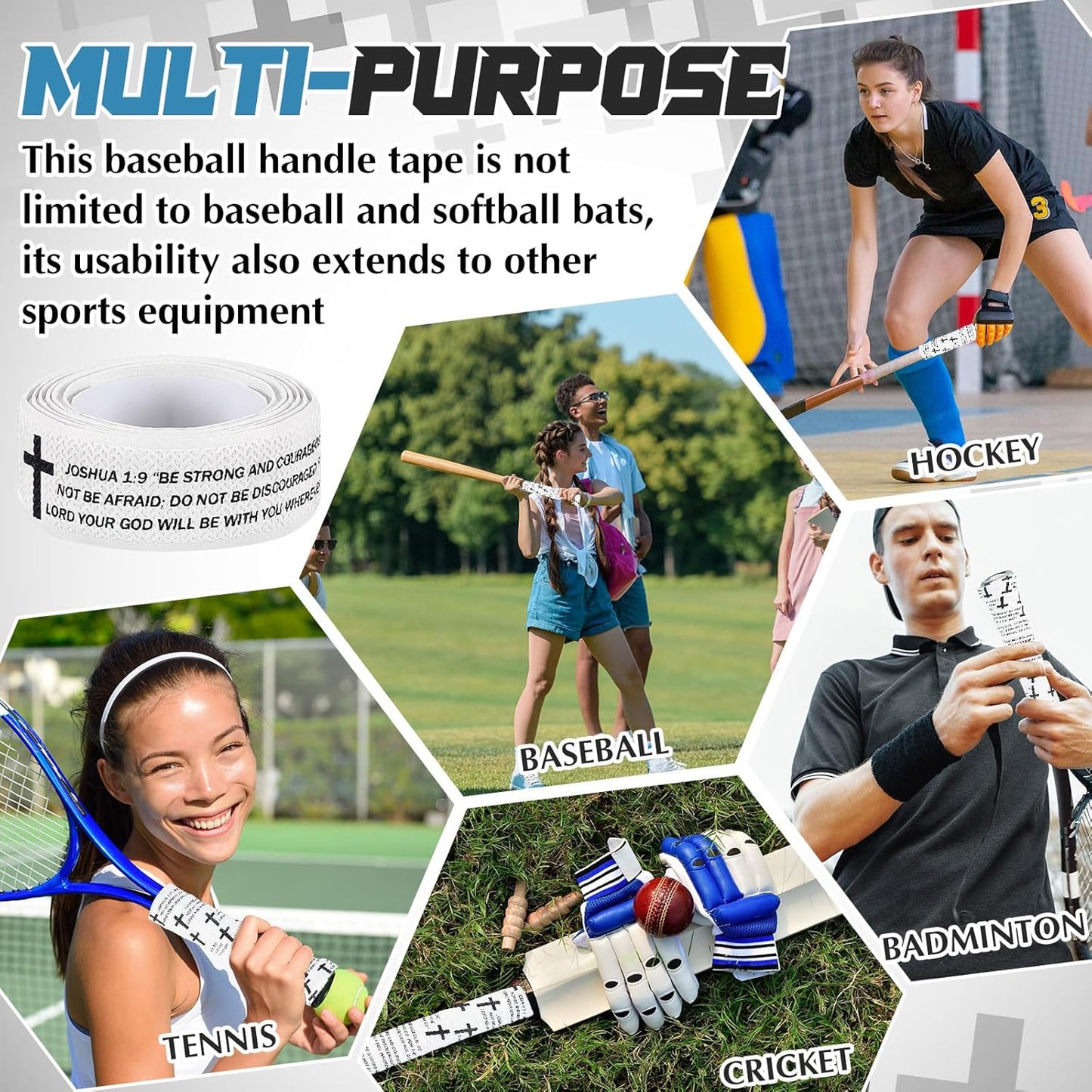Pushglossy Christian Baseball Bat Grip Tape - 1.5mm Precut Full Adhesive Non-Slip Design with Faith Cross