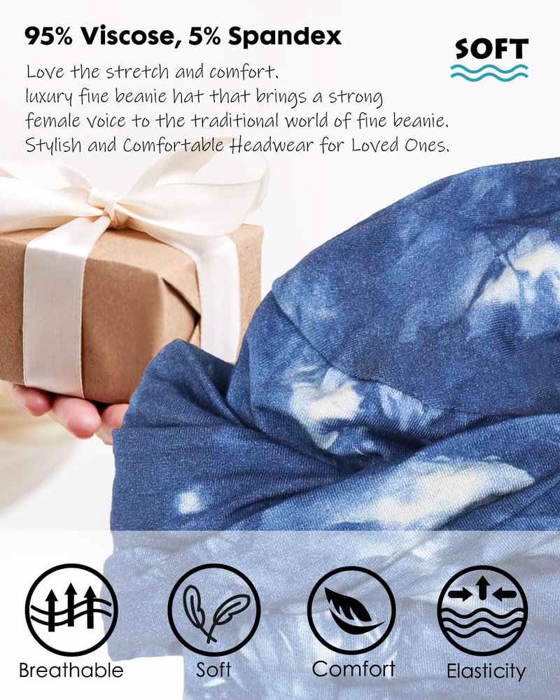 Awefeel Chemo Headwear for Women Cancer Hats Tie-dye Denim Blue