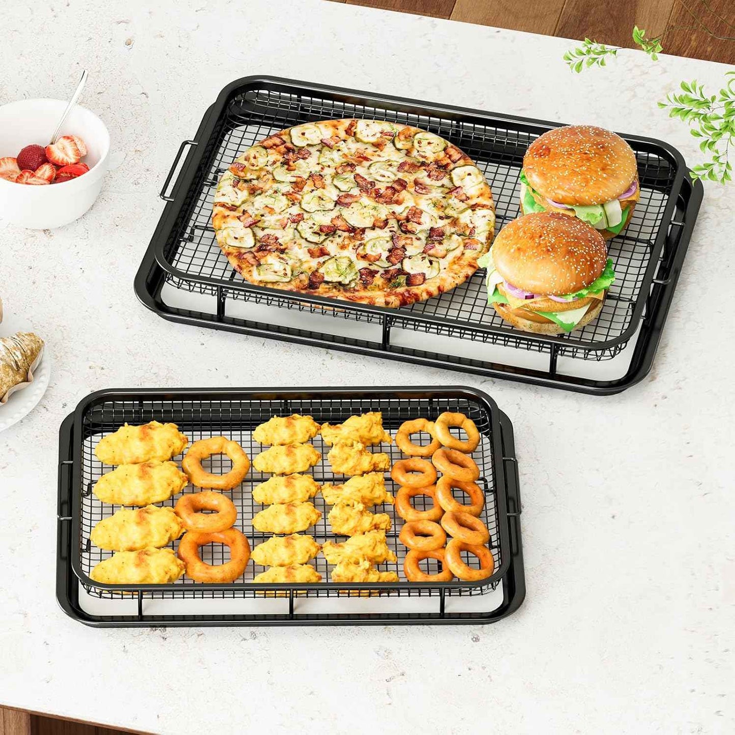 Air Fryer Basket Set with Parchment Papers - Non-Stick Stainless Steel Trays (2 Sizes)