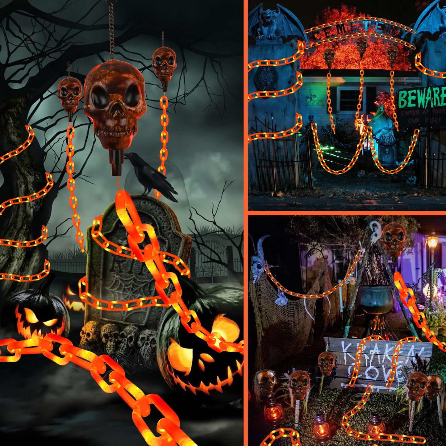 X-GiftKey Halloween Decorations Outdoor Solar Skull Chain Lights,Light up Scary Skull with Orange Props Chain,for Skeleton Dog,8 Modes Lighted Halloween String Lights for Yard/Patio,Creepy Party Decor