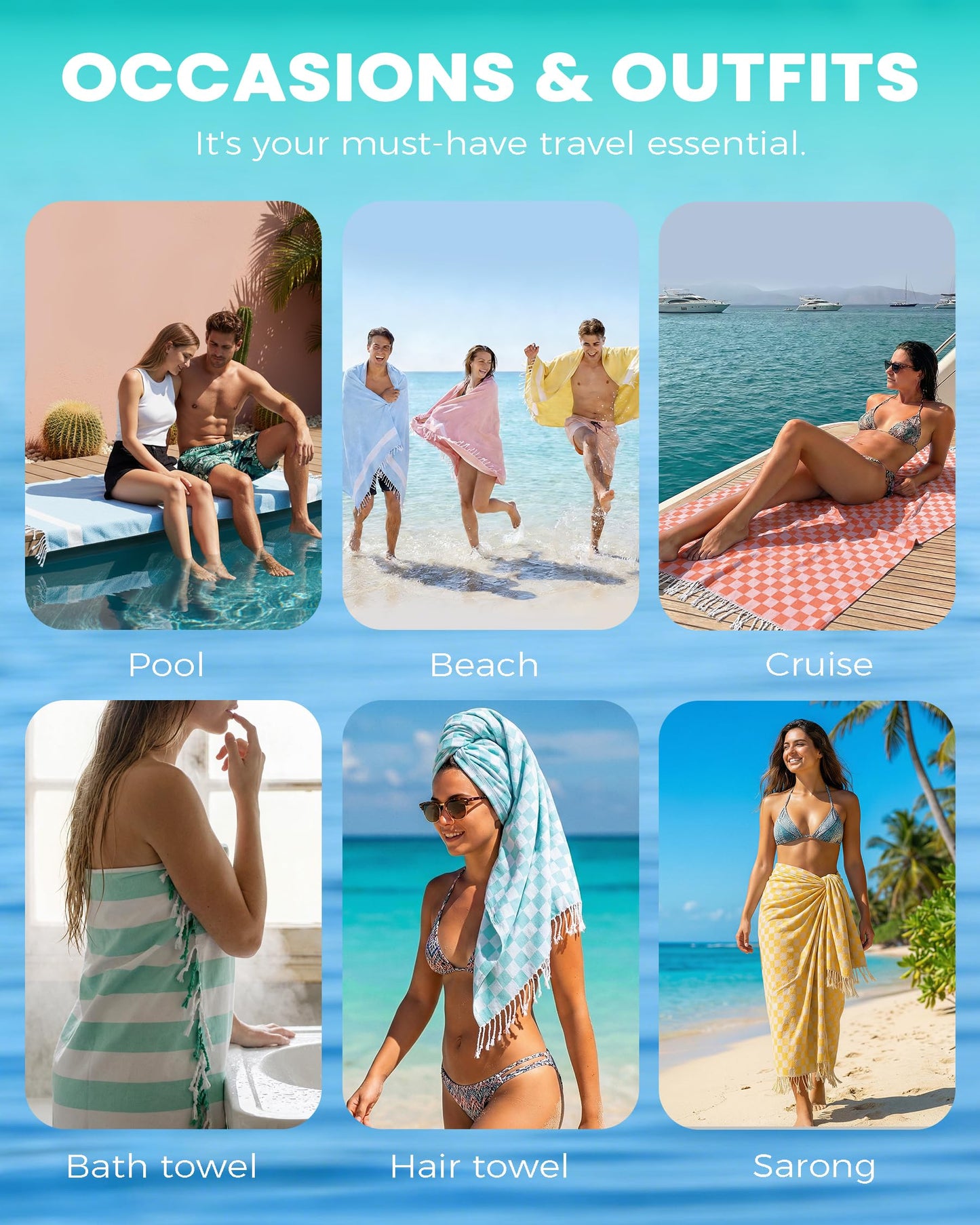 2 Packs Cotton Turkish Beach Towels Quick Dry Sand Free Oversized Pool Swim Plaid Towel Extra Large Xl Big Blanket Travel Essentials Cruise Accessories Must Haves Clearance Vacation Stuff Yellow Blue