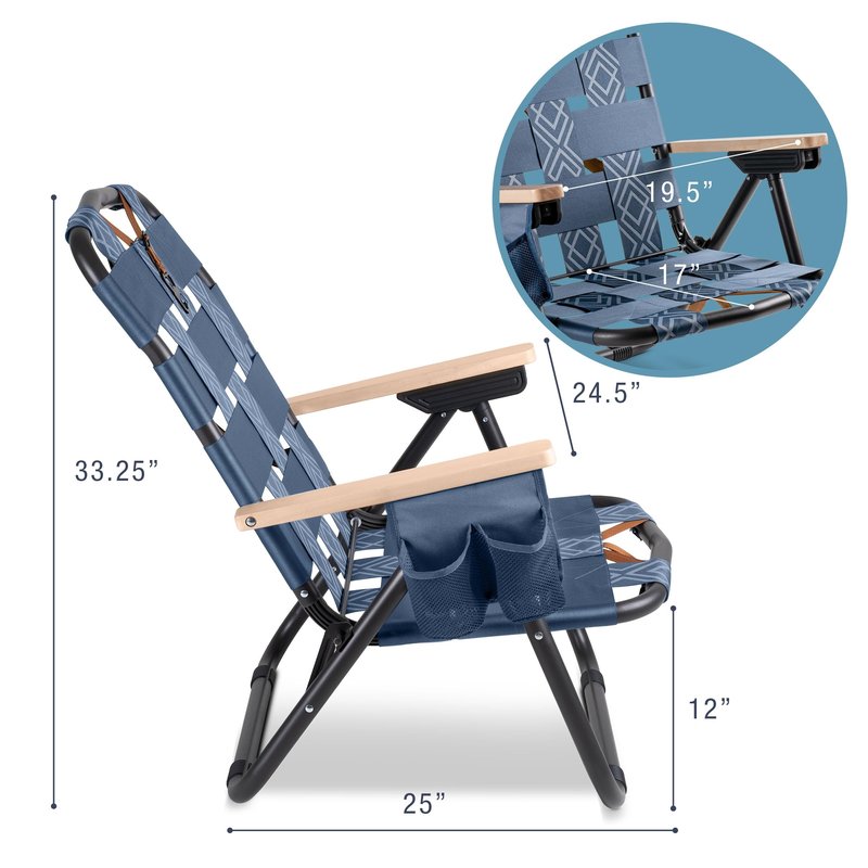 CleverMade Kove Twilight Blue Beach Camping Chair, Hands Free Carrying Strap + Real Wood Handles & 2 Cup Holders, Foldable Reclining Low Profile Collapsible Lawn Chair, Holds 300 lbs