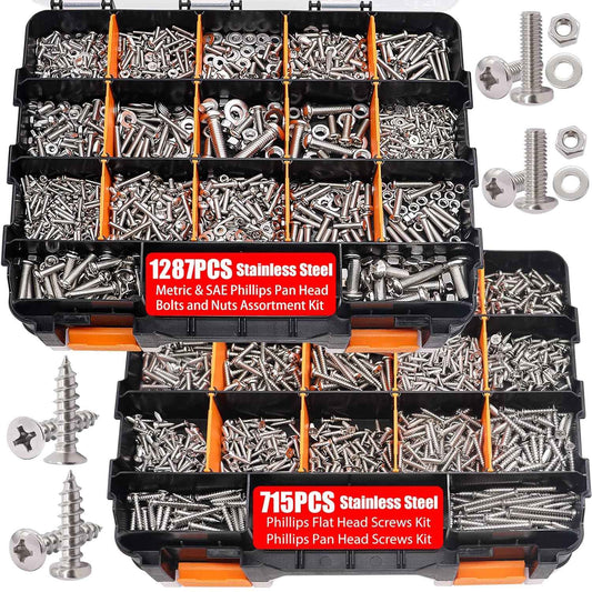 2002PCS Stainless Steel Hardware Assortment Kit - Metric & SAE Screws, Nuts, Bolts & Washers with Organizer Box