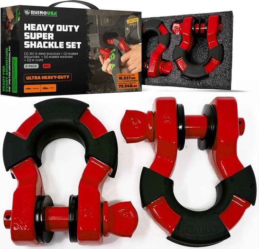 Heavy-Duty Rhino USA Super D Ring Shackles 2-Pack - 70,548lb Break Strength for Towing & Off-Road Recovery (Red)