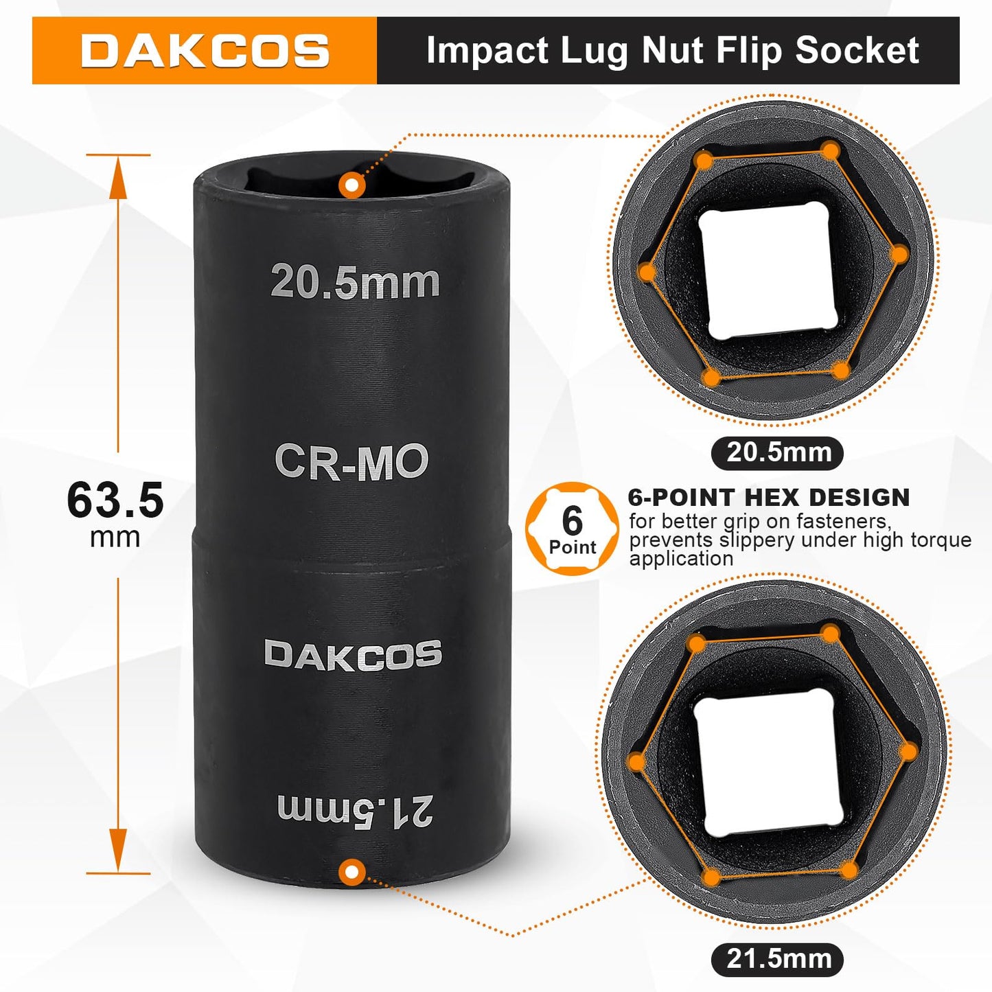 DAKCOS 1/2-inch Drive 20.5 x 21.5 mm Impact Lug Nut Flip Socket, Half Size Lug Nut Socket, CR-MO