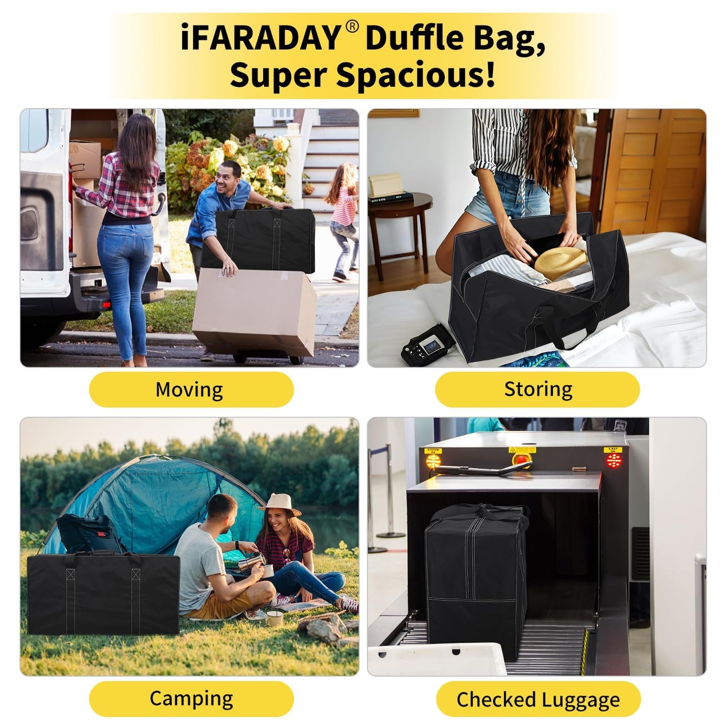 iFARADAY 130L Extra Large Travel Duffle Bag, 35 inch, Black