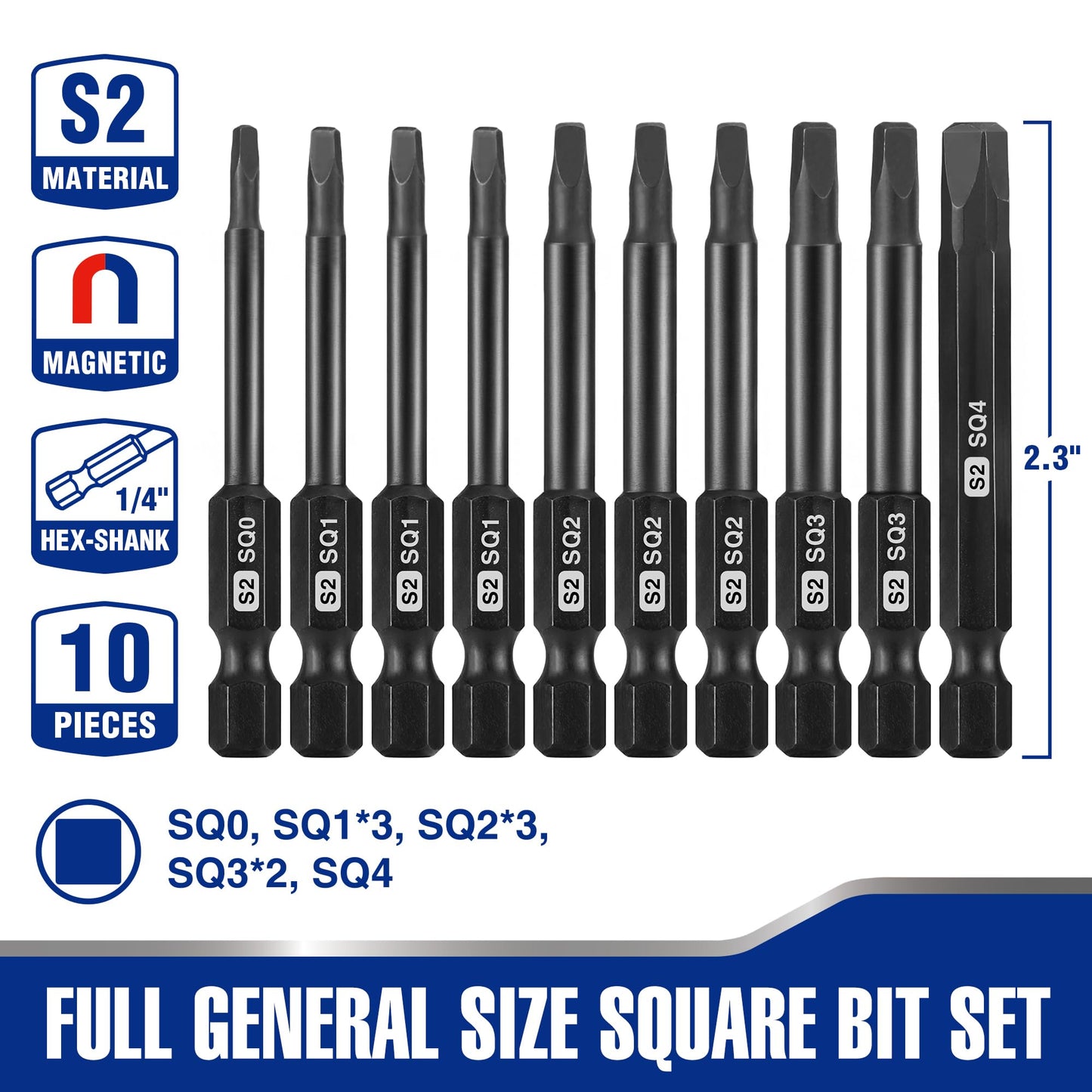 WORKPRO 10pcs Square Bit Set, CNC Machined S2 Steel Magnetic Screwdriver Bits Set, 1/4 Inch Hex Shank Driver Bits, 2.3 Inch Long Screwdriver Bits Set with Storage Box