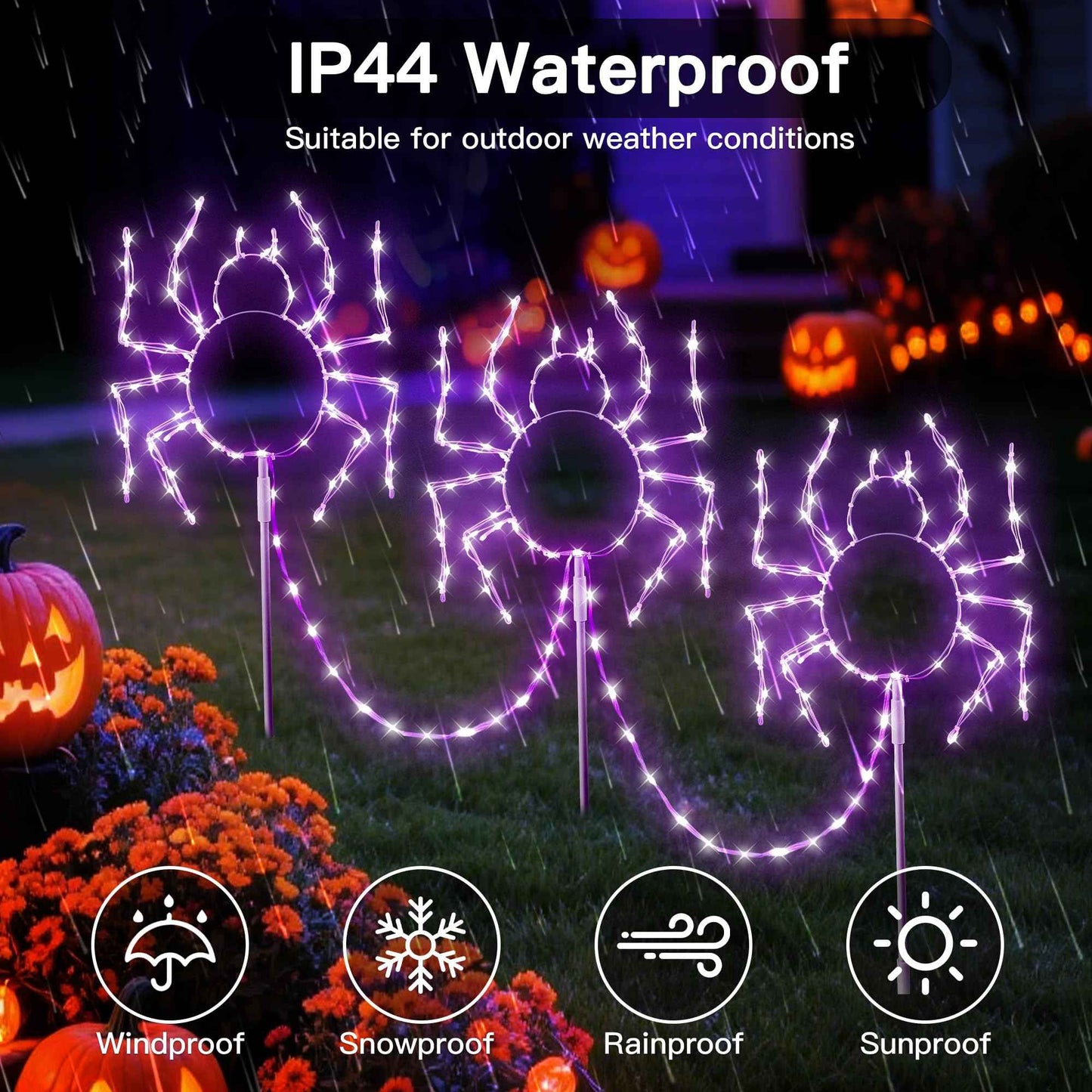 MYGOTO Halloween Spider Pathway Lights, 3 Pack 250 LED Purple Decorations Outdoor Metal Stake Lights, 8 Modes Memory Timer Waterproof Plug in Light String for Walkway Yard Lawn Garden Halloween Décor